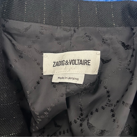 ZADIG & VOLTAIRE Sz S Volly Striped Wool Metallic Blazer Noir Open Fringe Cuffs - Picture 5 of 14